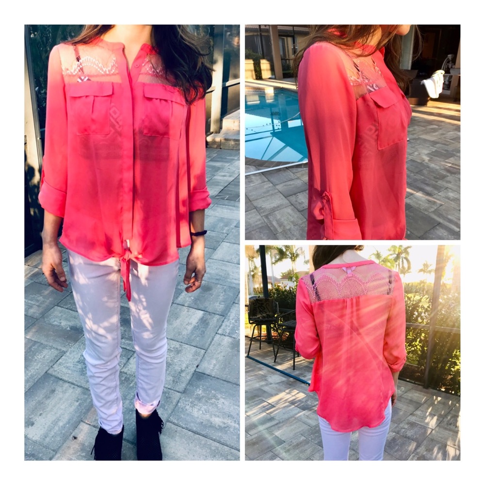 Candies pink sheer & lace button down blouse small